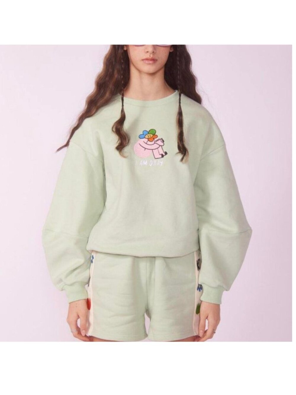 Kina and Tam Green Pastel Embroidered 'I Am Okay' Crewneck Sweatshirt Size XXL